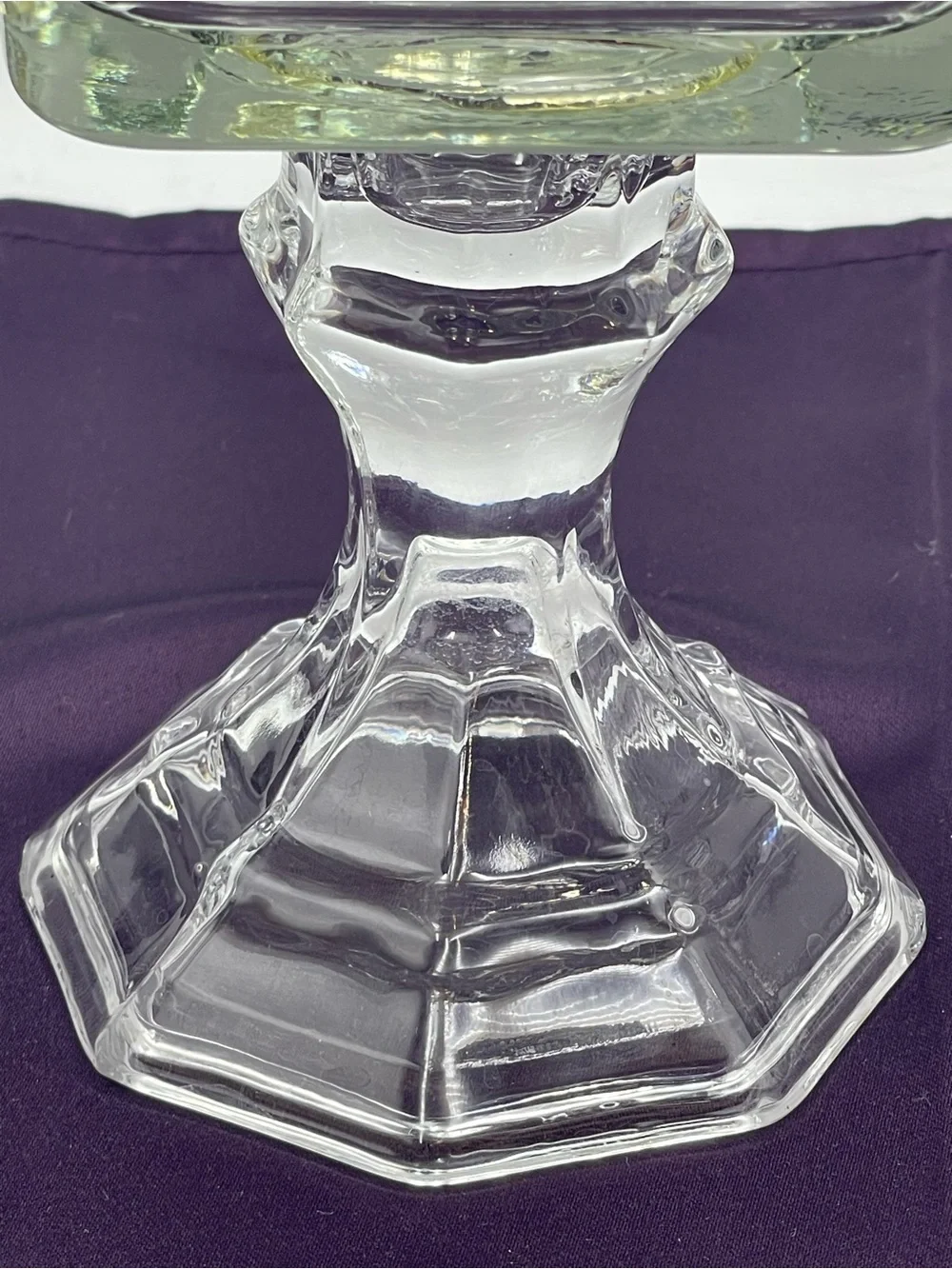 Vintage Pressed Glass Candle Holders Square Top Hexagonal Stem Pedestal Set of 2